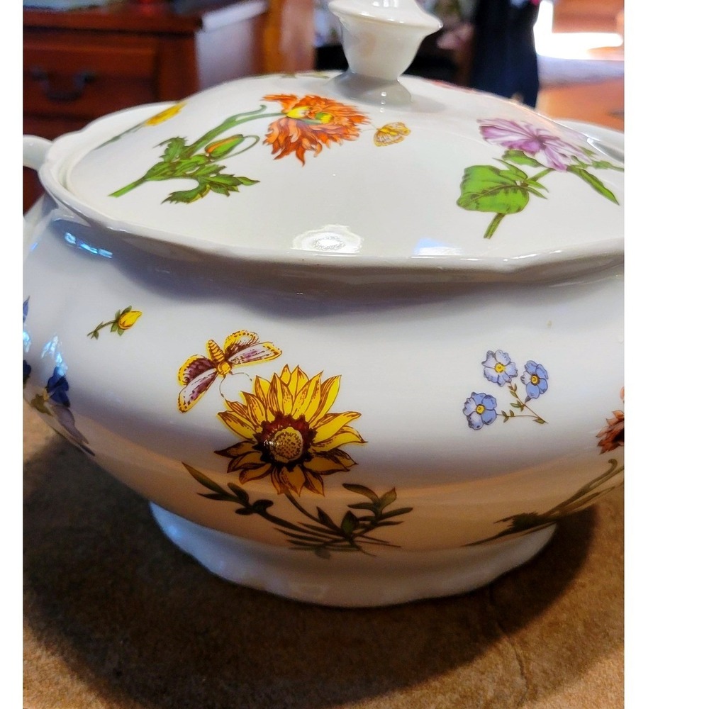 Vintage Floral Butterfly Tureen Soup Tureen Serving Bowl with Lid
